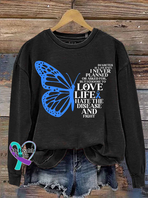 Diabetes Is A Journey Butterfly Art Print Casual Sweatshirt Black / S