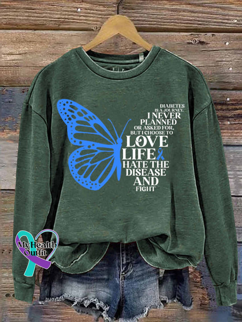 Diabetes Is A Journey Butterfly Art Print Casual Sweatshirt Green / S
