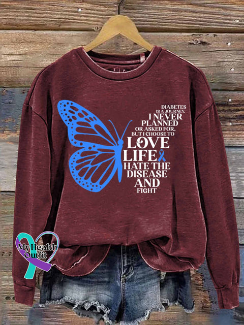 Diabetes Is A Journey Butterfly Art Print Casual Sweatshirt Maroon / S
