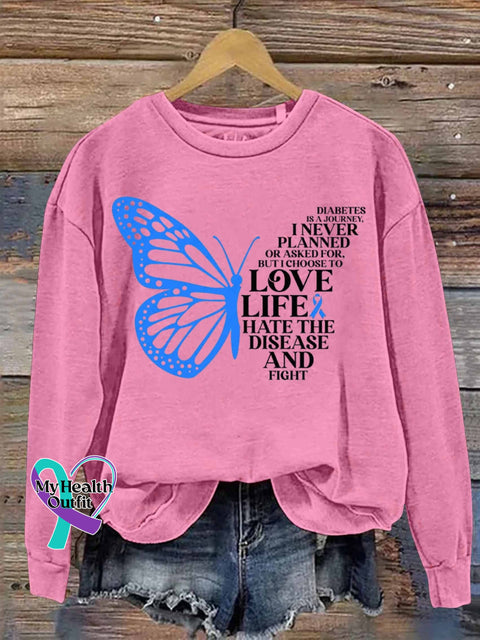Diabetes Is A Journey Butterfly Art Print Casual Sweatshirt Pink / S