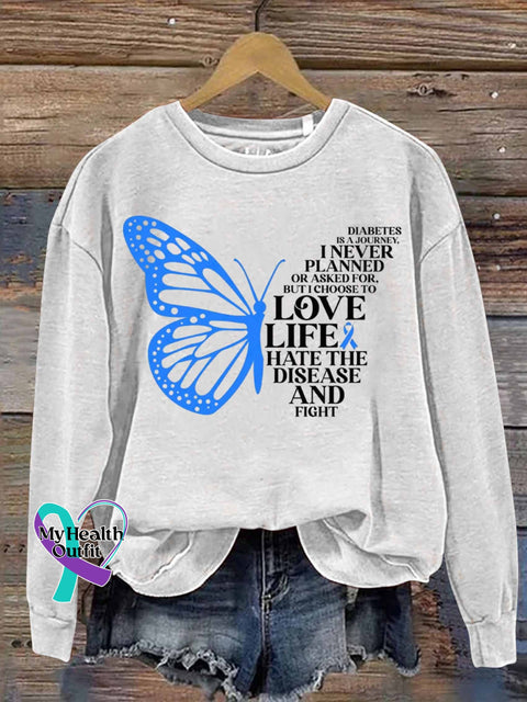 Diabetes Is A Journey Butterfly Art Print Casual Sweatshirt White / S