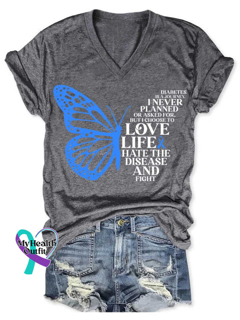 Diabetes Is A Journey Butterfly Art Print V-Neck Casual T-Shirt Grey / S