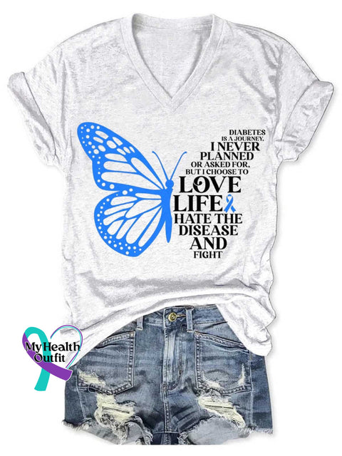 Diabetes Is A Journey Butterfly Art Print V-Neck Casual T-Shirt White / S