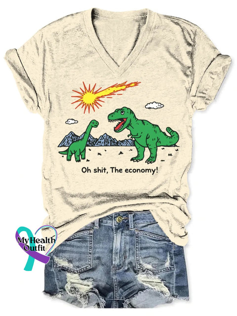Dinosaur Funny Art V-neck Casual T-Shirt Apricot / S