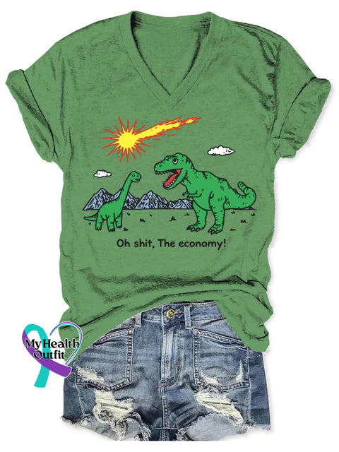 Dinosaur Funny Art V-neck Casual T-Shirt Green / S