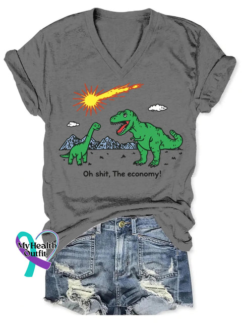Dinosaur Funny Art V-neck Casual T-Shirt Grey / S