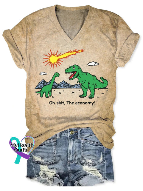 Dinosaur Funny Art V-neck Casual T-Shirt Khaki / S