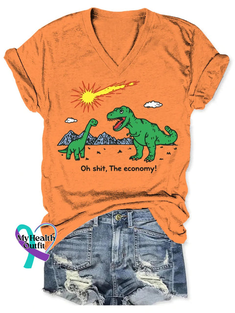 Dinosaur Funny Art V-neck Casual T-Shirt Orange / S