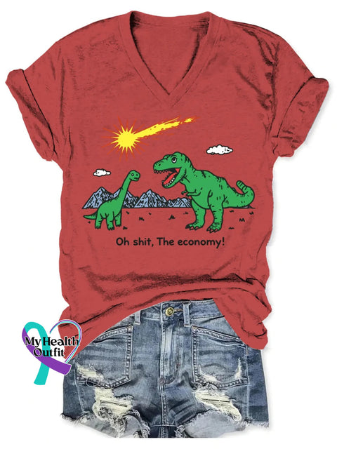 Dinosaur Funny Art V-neck Casual T-Shirt Red / S