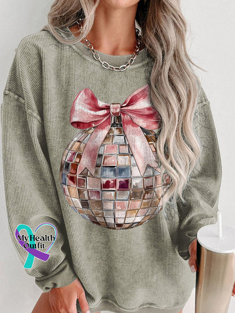 Disco Ball New Years 2025 Pink Christmas Women’s Casual Print Corduroy Sweatshirt Brown / S