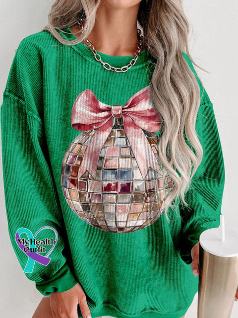 Disco Ball New Years 2025 Pink Christmas Women’s Casual Print Corduroy Sweatshirt Green / S
