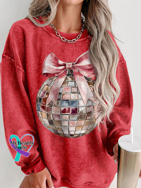 Disco Ball New Years 2025 Pink Christmas Women’s Casual Print Corduroy Sweatshirt Red / S