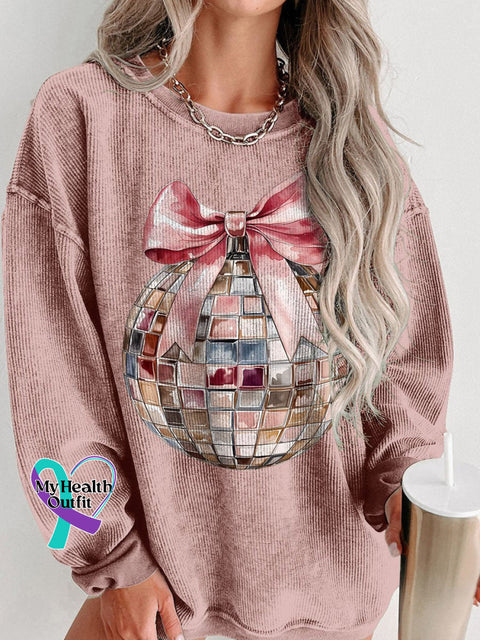 Disco Ball New Years 2025 Pink Christmas Women’s Casual Print Corduroy Sweatshirt / S