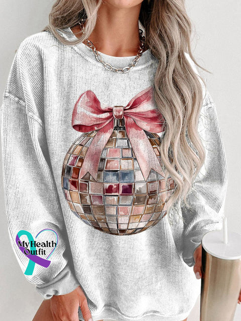 Disco Ball New Years 2025 Pink Christmas Women’s Casual Print Corduroy Sweatshirt White / S