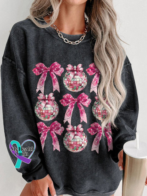 Disco Ball Pink Coquette New Year 2025 Women’s Casual Print Corduroy Sweatshirt Black / S