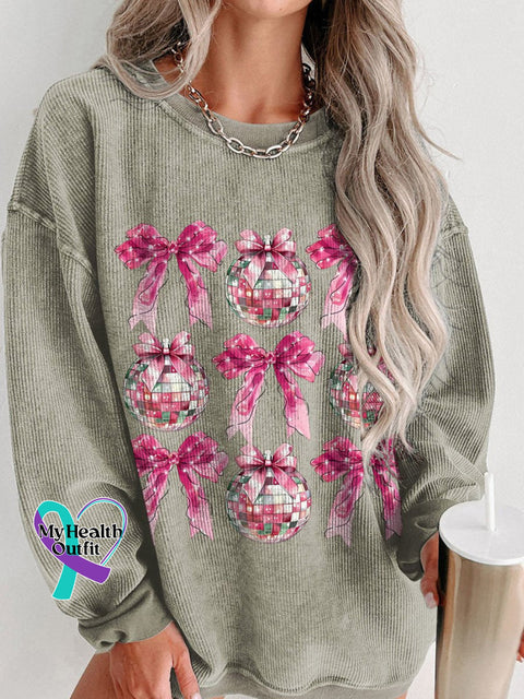 Disco Ball Pink Coquette New Year 2025 Women’s Casual Print Corduroy Sweatshirt Brown / S