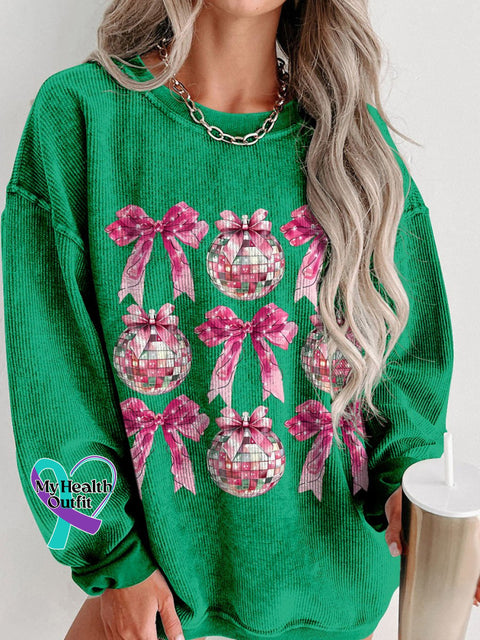 Disco Ball Pink Coquette New Year 2025 Women’s Casual Print Corduroy Sweatshirt Green / S