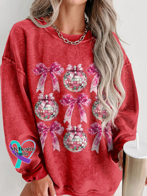 Disco Ball Pink Coquette New Year 2025 Women’s Casual Print Corduroy Sweatshirt Red / S