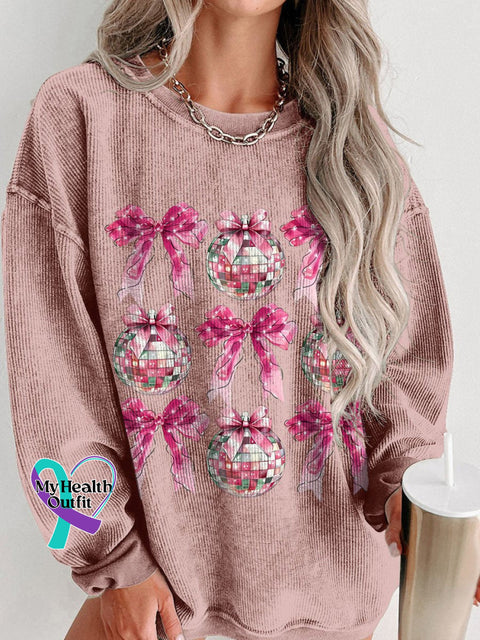 Disco Ball Pink Coquette New Year 2025 Women’s Casual Print Corduroy Sweatshirt / S
