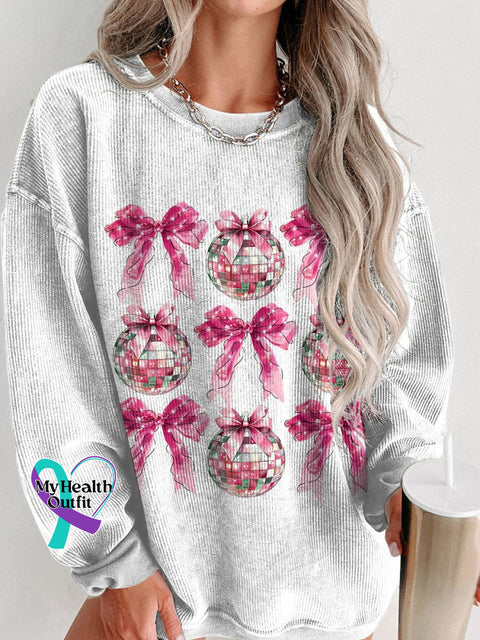 Disco Ball Pink Coquette New Year 2025 Women’s Casual Print Corduroy Sweatshirt White / S