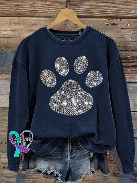 Dog Paw Rhinestone Print Sweatshirt Navy Blue / S