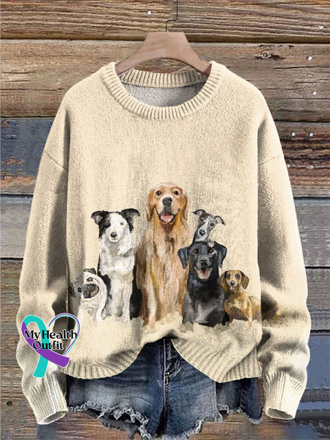 Dog’s Party Print Knit Pullover Sweater Beige / S