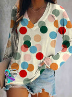 Dots Print V-Neck Long Sleeve Pullover Multicolor / S