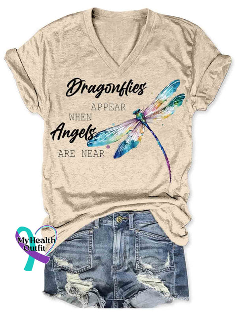 Dragonfly Appear When Angles Are Here V neck Casual T Shirt Apricot / S