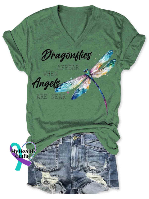 Dragonfly Appear When Angles Are Here V neck Casual T Shirt Green / S