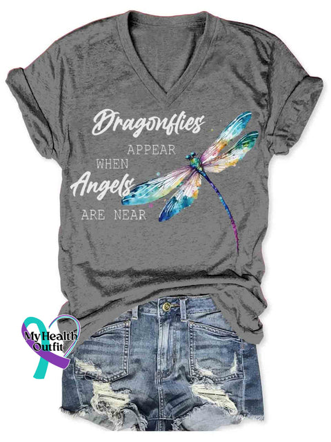 Dragonfly Appear When Angles Are Here V neck Casual T Shirt Grey / S
