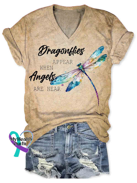Dragonfly Appear When Angles Are Here V neck Casual T Shirt Khaki / S