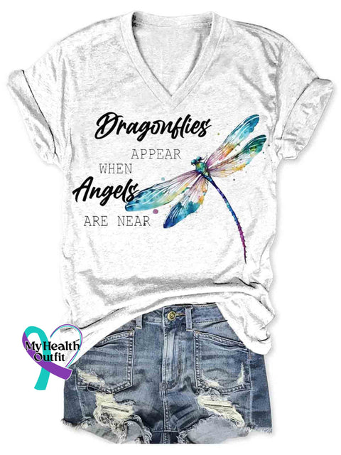Dragonfly Appear When Angles Are Here V neck Casual T Shirt White / S