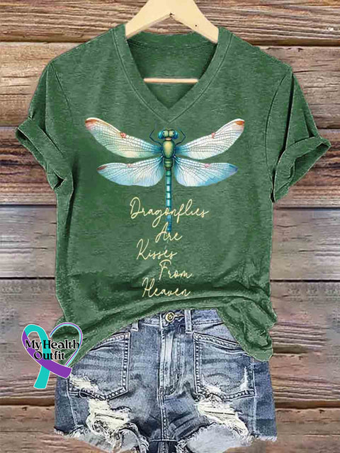 Dragonfly Are Kisser From Heaven Art V neck Casual T Shirt Green / S