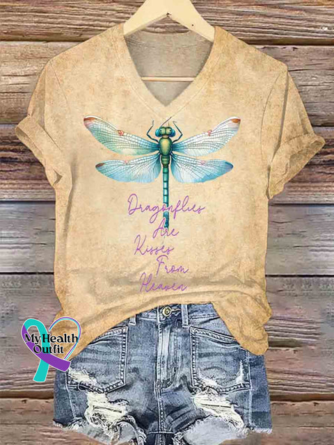 Dragonfly Are Kisser From Heaven Art V neck Casual T Shirt Khaki / S