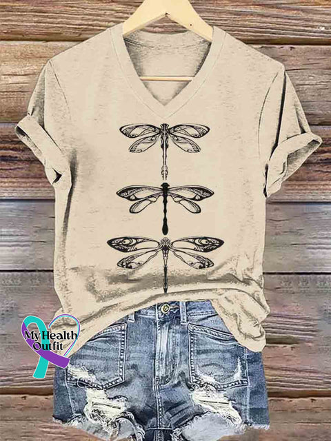 Dragonfly Art V neck Casual T Shirt Apricot / S