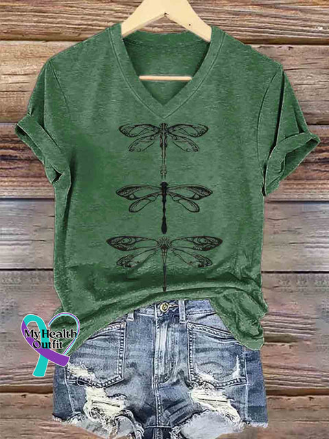 Dragonfly Art V neck Casual T Shirt Green / S