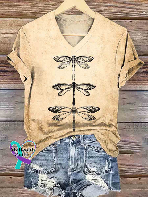 Dragonfly Art V neck Casual T Shirt Khaki / S