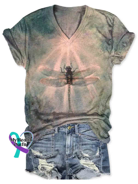 Dragonfly Art V-neck Casual T-Shirt Multicolor / S