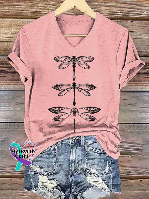 Dragonfly Art V neck Casual T Shirt Pink / S