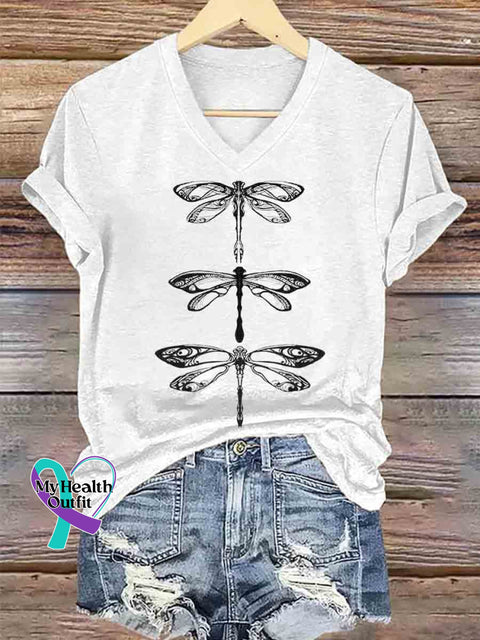 Dragonfly Art V neck Casual T Shirt White / S