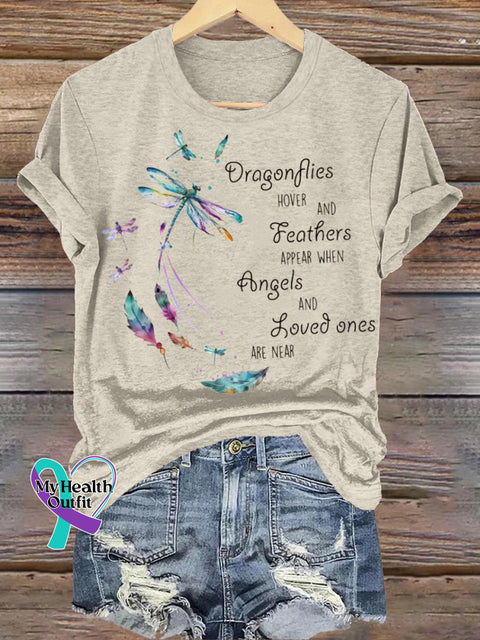 Dragonfly Feather Print Round Neck Casual Short Sleeve Beige / S