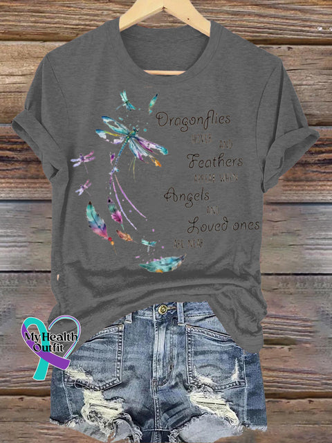Dragonfly Feather Print Round Neck Casual Short Sleeve Grey / S