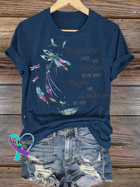 Dragonfly Feather Print Round Neck Casual Short Sleeve Navyblue / S