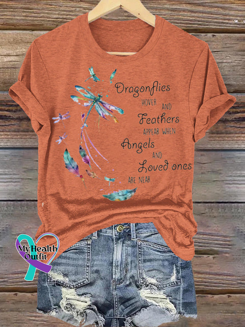 Dragonfly Feather Print Round Neck Casual Short Sleeve Orange / S