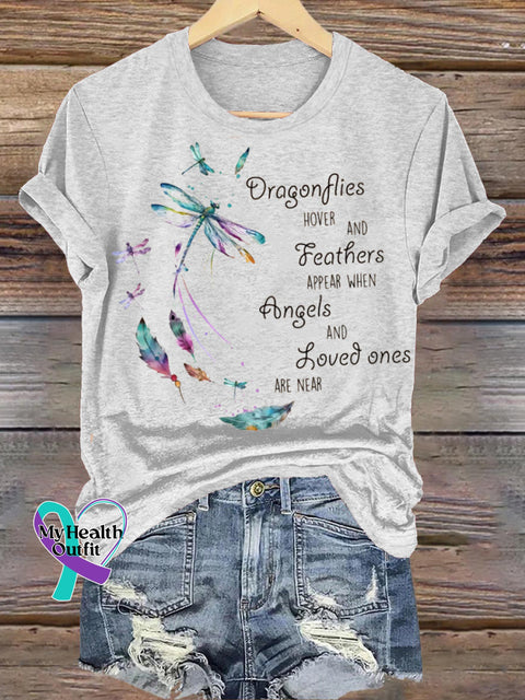 Dragonfly Feather Print Round Neck Casual Short Sleeve White / S