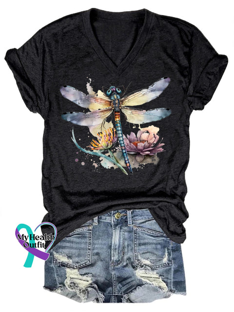 Dragonfly Floral Let It Be V-Neck Casual Short Sleeve T-Shirt Black / S