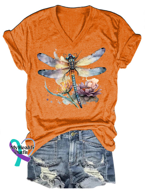 Dragonfly Floral Let It Be V-Neck Casual Short Sleeve T-Shirt Orange / S