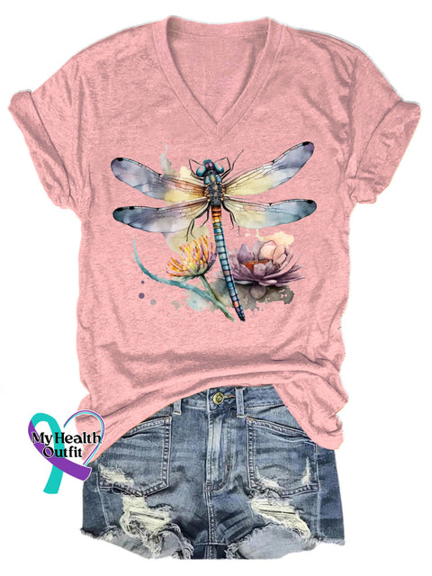 Dragonfly Floral Let It Be V-Neck Casual Short Sleeve T-Shirt Pink / S