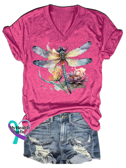 Dragonfly Floral Let It Be V-Neck Casual Short Sleeve T-Shirt RoseRed / S