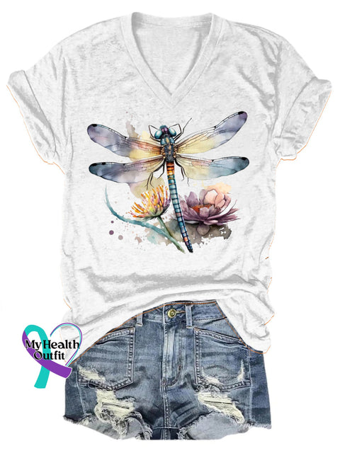 Dragonfly Floral Let It Be V-Neck Casual Short Sleeve T-Shirt White / S